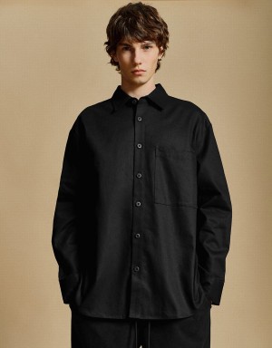 Men's Urban Revivo Button Up Loose Shirts Black | VDI1327VY