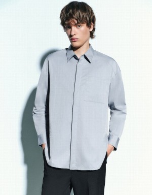 Men's Urban Revivo Button Up Loose Shirts Blue | KUX6189RG