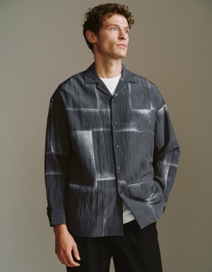 Men's Urban Revivo Button Up Straight Loose Shirts Grey | TKQ314IK