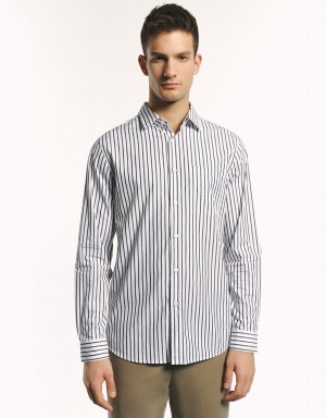 Men's Urban Revivo Button Up Striped Shirts Grey | XIE7433JK