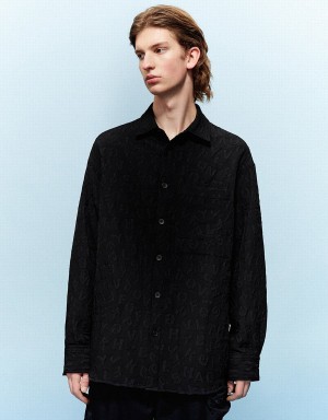 Men's Urban Revivo Button Up Textured Loose Shirts Black | VJV1753HU