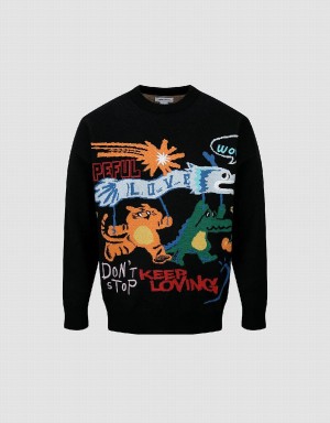 Men's Urban Revivo Cartoon Embroidered Crew Neck Sweaters Black | MEY1381ST