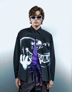 Men's Urban Revivo Cartoon Printed Oversized Shirts Black | XIS2574CB