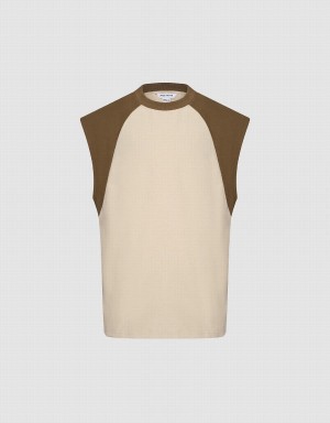 Men's Urban Revivo Crew Neck Loose Tank Top Light Khaki | OVJ8476TD