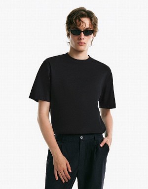 Men's Urban Revivo Drop Shoulder Sleeve Crew Neck T Shirts Black | CSJ6319OH