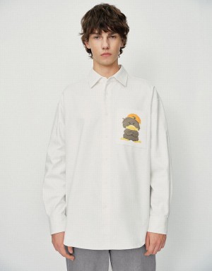 Men's Urban Revivo Duck Printed Oversized Shirts White | CLX9449ZT