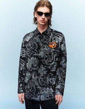 Men's Urban Revivo Graffiti Printed Button Up Loose Shirts Black | UTD1568MO