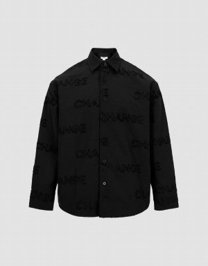 Men's Urban Revivo Letter Printed Button Up Oversized Shirts Black | ABD6135BH