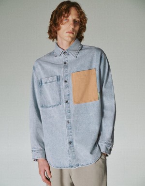 Men's Urban Revivo Loose Denim Shirts Blue | MSN615OC