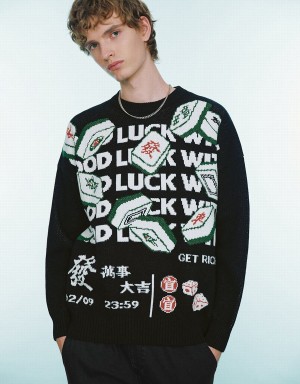 Men's Urban Revivo Mahjong Embroidered Sweaters Black | VXN8926ZI