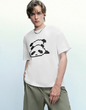 Men's Urban Revivo Panda Printed Crew Neck T Shirts White | UBS2878PD