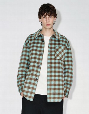 Men's Urban Revivo Plaid Straight Woolen Jackets Green | ACX9551XX