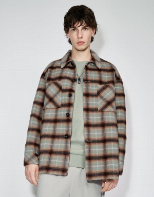 Men's Urban Revivo Plaid Straight Woolen Jackets Green | SIT3722XY