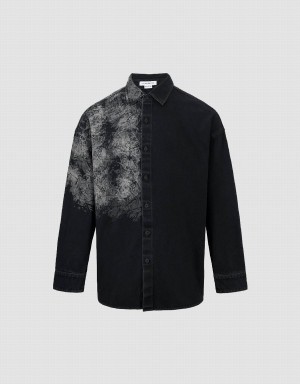 Men's Urban Revivo Printed Loose Denim Shirts Black | PLA733TD