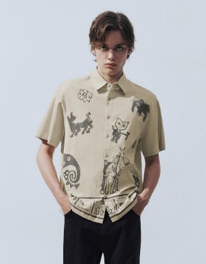 Men's Urban Revivo Printed Loose Shirts Khaki | LWC5872LC