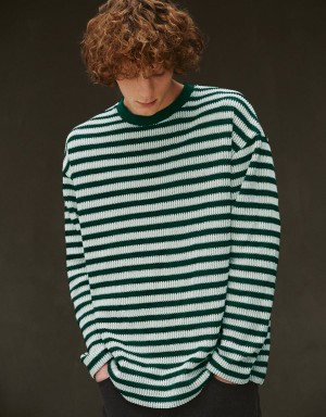 Men's Urban Revivo Striped Sleeve Crew Neck T Shirts Green | BMP984QA