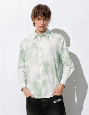 Men's Urban Revivo Striped Button Up Loose Shirts White Green | XDL6666II