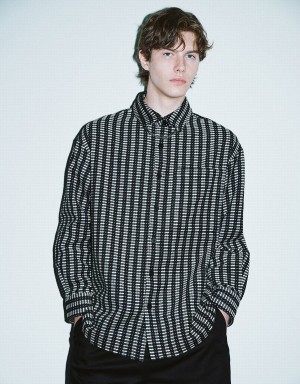 Men's Urban Revivo Striped Button Up Oversized Shirts Black | ORL4365DD