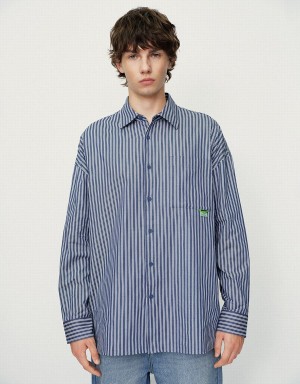 Men's Urban Revivo Striped Oversized Shirts Blue | AND3846QX