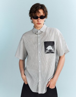 Men's Urban Revivo Striped Oversized Shirts Black | VUX3036WP