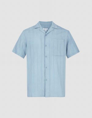 Men's Urban Revivo Striped Short Sleeve Shirts Blue | EBC1624EC