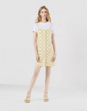 Women's Urban Revivo 2 In 1 Checkered Floral Denim Dress Yellow | NMK7666MP