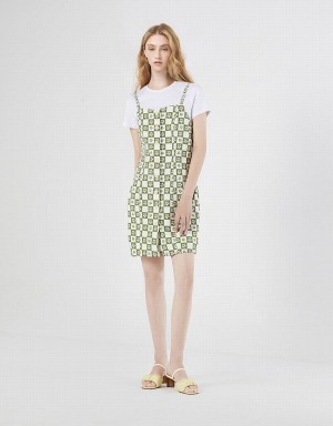 Women's Urban Revivo 2 In 1 Checkered Floral Denim Dress Green | XPP7557GQ