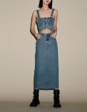 Women's Urban Revivo 2 In 1 Denim Pinafore Dress Blue | UZZ8313EJ