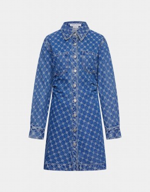 Women's Urban Revivo Allover Jacquard Ruched Button Up Denim Dress Blue | LSX382KD