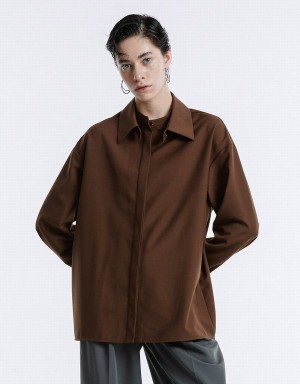 Women's Urban Revivo Basic Button Up Shirts Brown | SHE8034SU