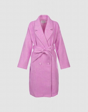 Women's Urban Revivo Belted Woolen Coats Pink | JYE1018UW