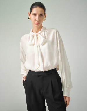 Women's Urban Revivo Bow Neck Overhead With Tie Blouse White | QKQ7336HK