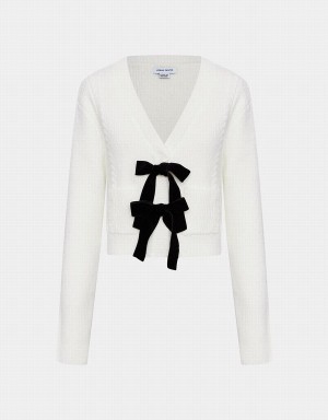 Women's Urban Revivo Bow Tie Decor V-Neck Knitted Cardigan White | JBI89MF