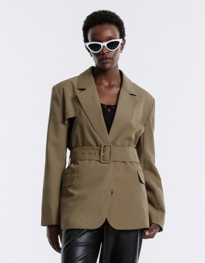 Women's Urban Revivo Buckle Belted Blazers Dark Khaki | BVK2418ZG