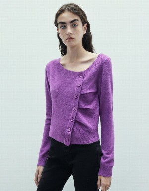 Women's Urban Revivo Button Decor V-Neck Knitted Cardigan Purple | IQC4678HB