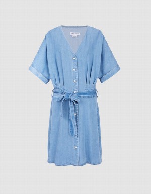 Women's Urban Revivo Button Front Belted Denim Dress Blue | FVI7550DN