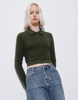 Women's Urban Revivo Button Half Placket Cropped Knitted T Shirts Green | IYJ7314SM