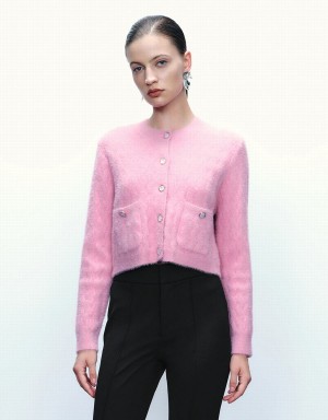 Women's Urban Revivo Button Up Crew Neck Knitted Cardigan Pink | LTY951GK