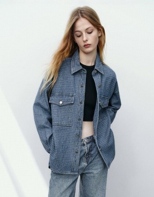 Women's Urban Revivo Button Up Denim Shirts Blue | DJY5910IC