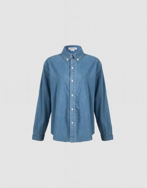 Women's Urban Revivo Button Up Denim Shirts Blue | BIN8980VM