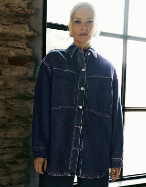 Women's Urban Revivo Button Up Oversized Denim Shirts Blue | GND6524LN