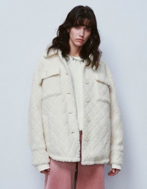 Women's Urban Revivo Button Up Straight Furry Jackets White | WSJ8073EZ