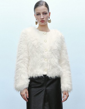 Women's Urban Revivo Button Up Straight Furry Coats White | ZFK6578LR