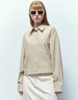 Women's Urban Revivo Button Up Straight Shirts Khaki | KKL779HJ