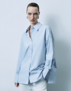 Women's Urban Revivo Button Up Straight Shirts Blue | YQG3693QC