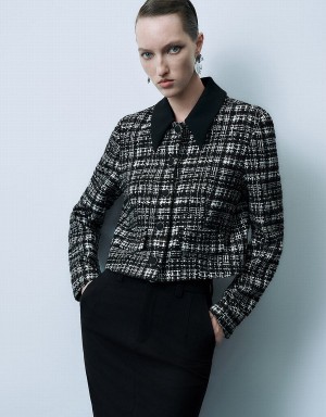 Women's Urban Revivo Button Up Tweed Jackets Black | VHD4219LC