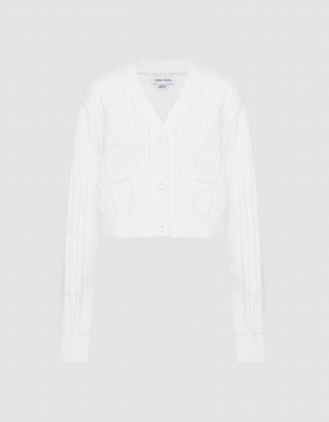 Women's Urban Revivo Cable Knit Button Up Cardigan White | XUD3724NT