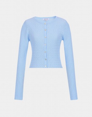 Women's Urban Revivo Cable Knit Fitted Cardigan Blue | IVO3639YX