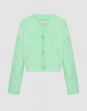 Women's Urban Revivo Cable Knit V Neck Button Up Cardigan Green | UQF4755JO