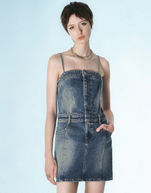 Women's Urban Revivo Cami Denim Dress Blue | XFN2236QK